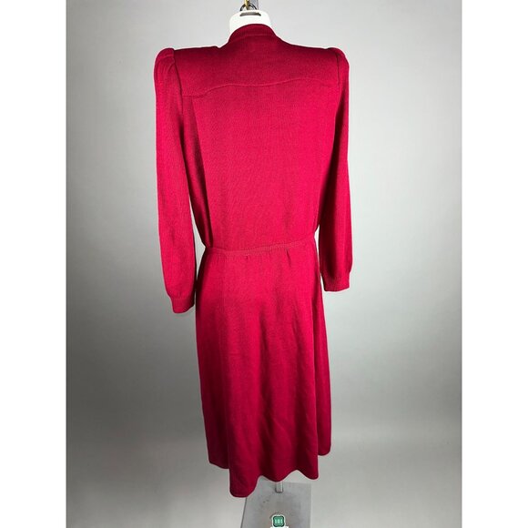 Vtg 80s St John Raspberry Red Santana Knit Button Dress Womens Sz 10 Wool Blend - Picture 3 of 9
